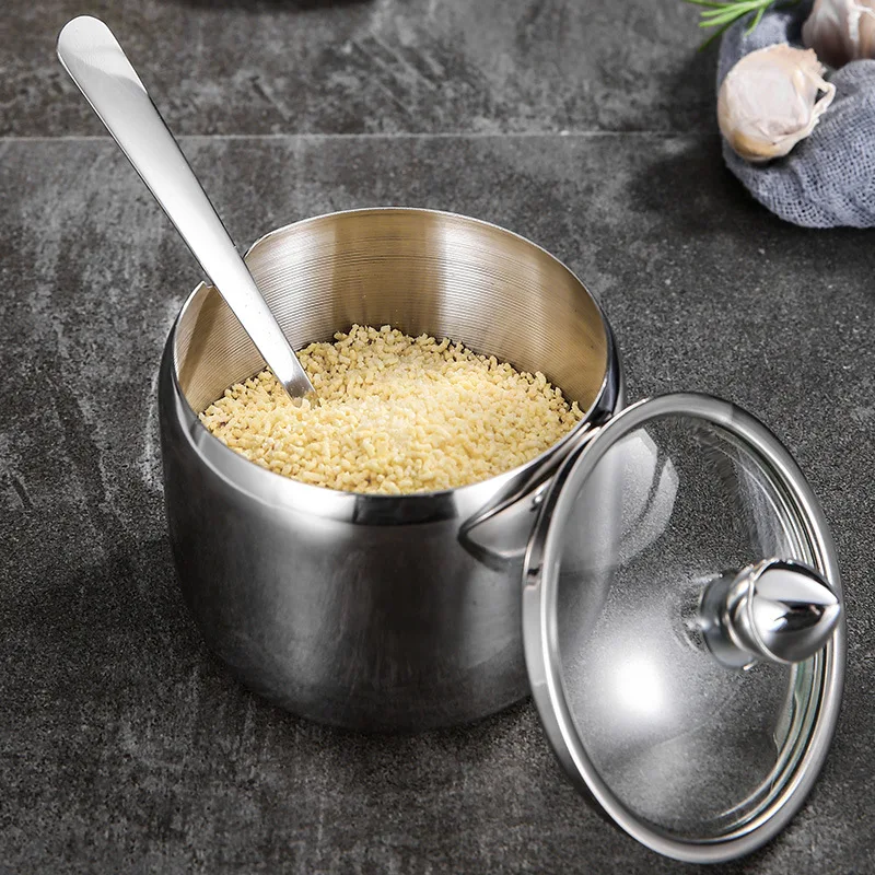 

304 stainless steel seasoning jar, glass visible sugar jar, multi-purpose seasoning box With spoon seasoning bottle, food grade