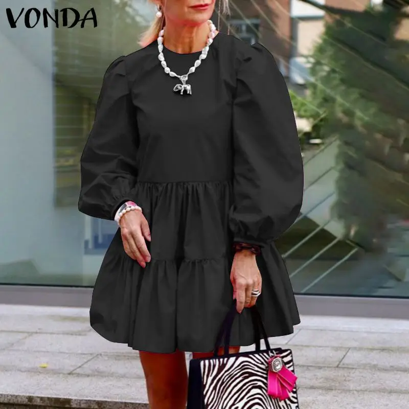 

Women Mini Dress 2021 Summer Long Sleeve O Neck Solid Color Loose Pleated Dresses VONDA Ladies Casual Party Mini Robe Femme
