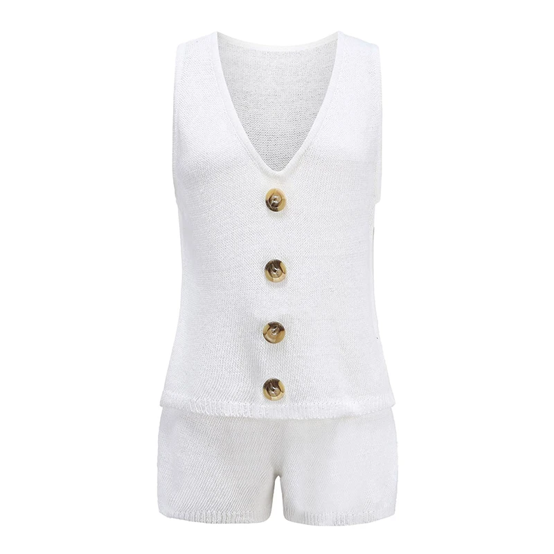 

Women Knitted V-Neck 2 Pieces Suit Sleeveless Button Vest Shorts Sets 2021 Summer Drawstring Solid Casual Soft Tracksuit Ladies