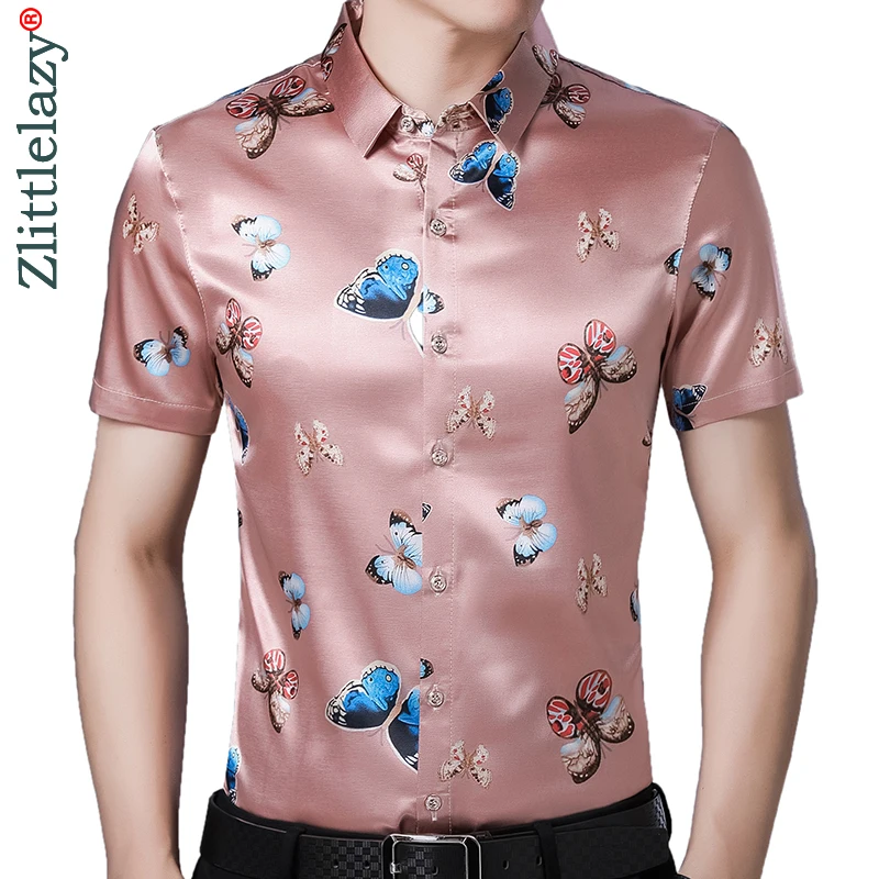 

2022 Мужская рубашка с коротким рукавом, летняя Уличная Повседневная Роскошная рубашка, приталенная атласная приталенная одежда, модная 52403