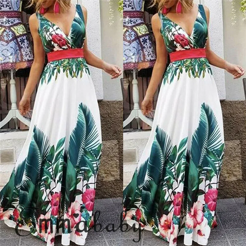 

Женское длинное платье макси, летнее Повседневное платье с V-образным вырезом, зелеными листьями, длинное праздничное пляжное платье без ру...