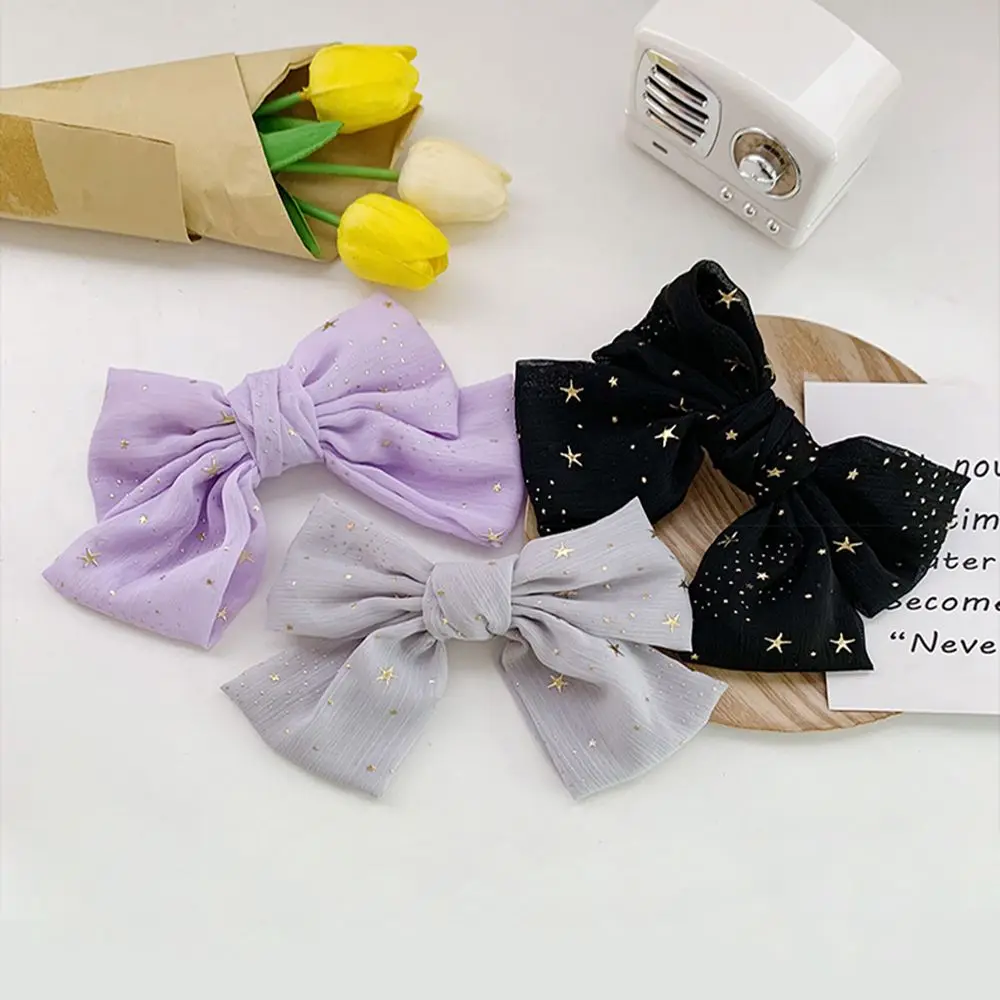 

1PC Fashion Women Girls Ponytail Holder Korean Style Chiffon Bronzing Stars Scrunchies Big Bow Hairpin Spring Hair Clip