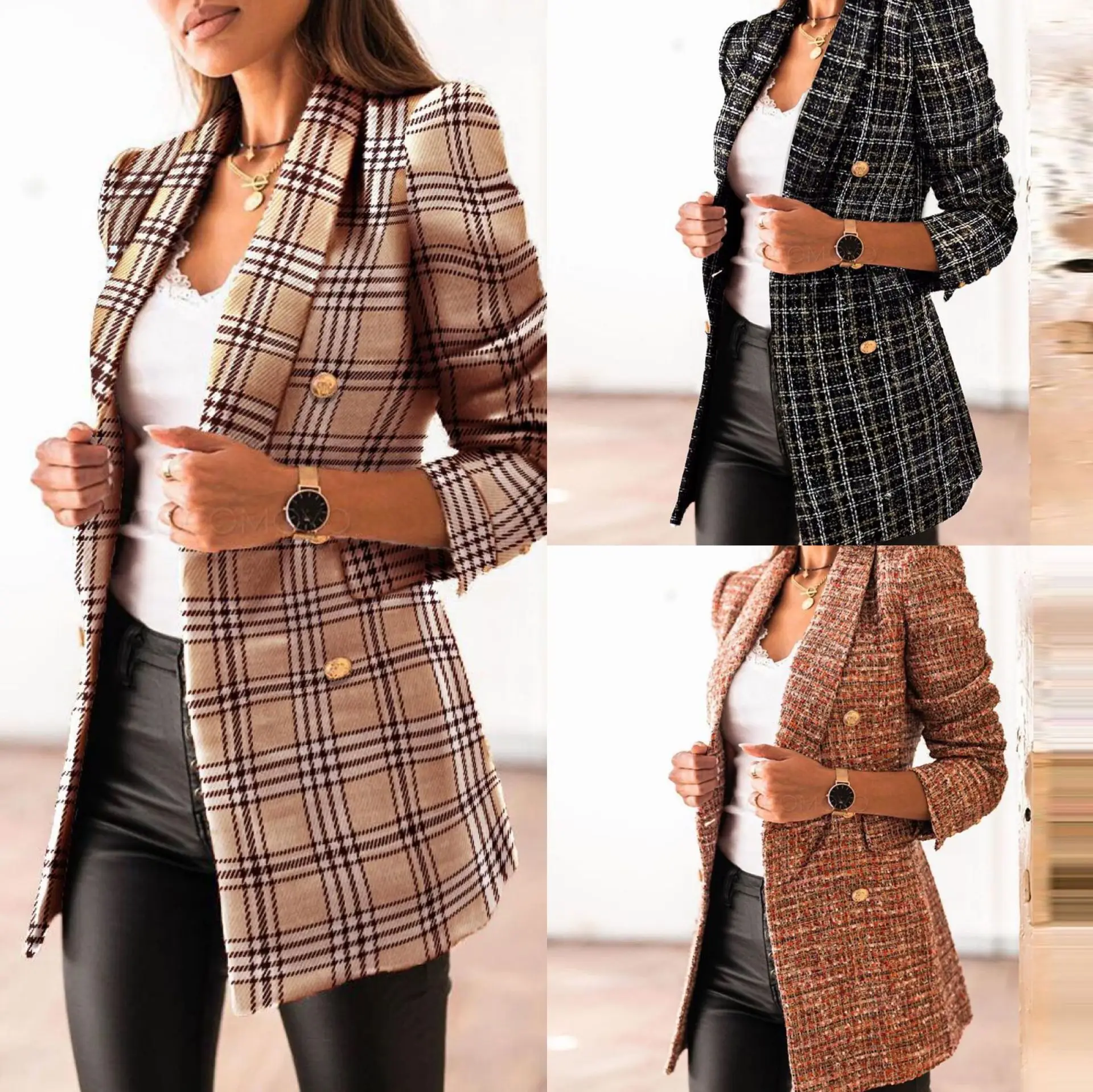 

2021 Ladies Fashion New Autumn And Winter Long-sleeved Retro Office Double-breasted Suit Collar Printed Small Jacket Women