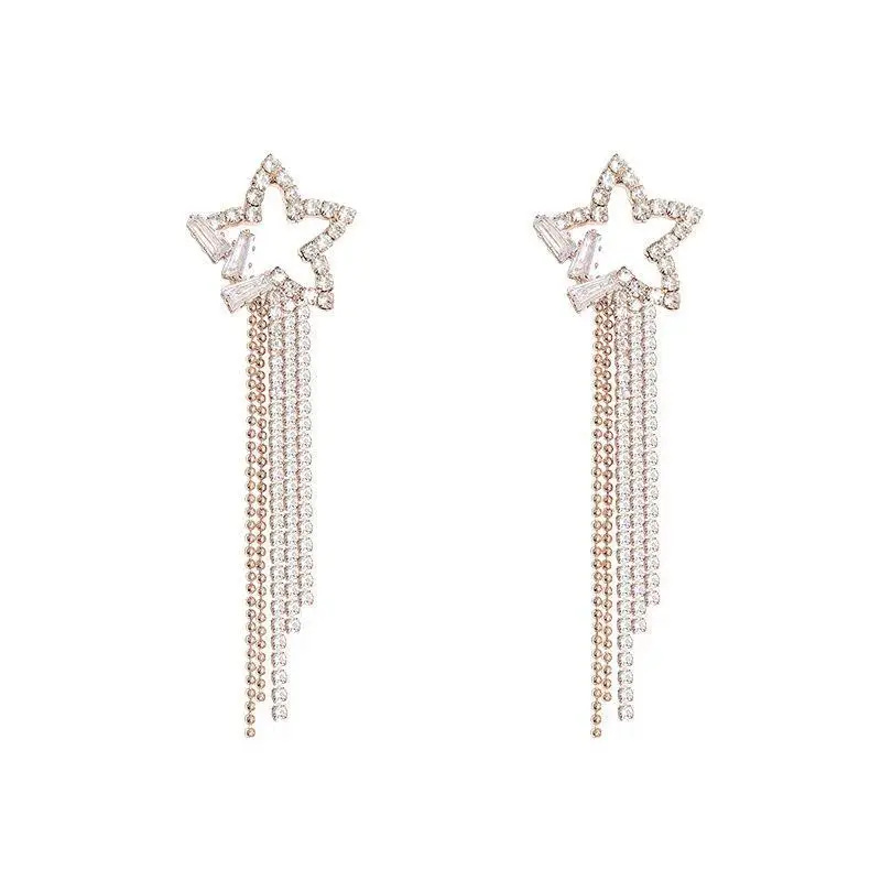 

2021 New trendy exaggerated earring temperament accessories Super fairy zircon five-pointed star tassel Women's earrings female