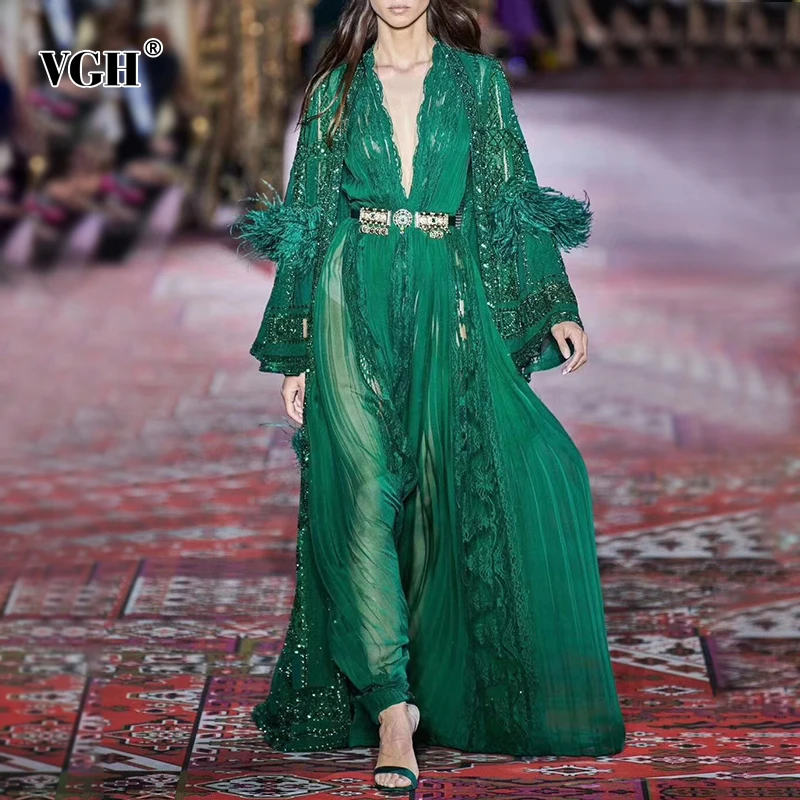 

VGH Vintage See Through Dress For Women V Neck Long Sleeve High Waist Patchwork Lace Maxi Dresses Female Fashion New Clothing