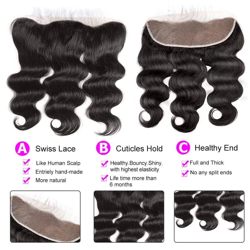Бразильские волосы Remy Body Wave 3 пряди с фронтальной предварительно выщипанной