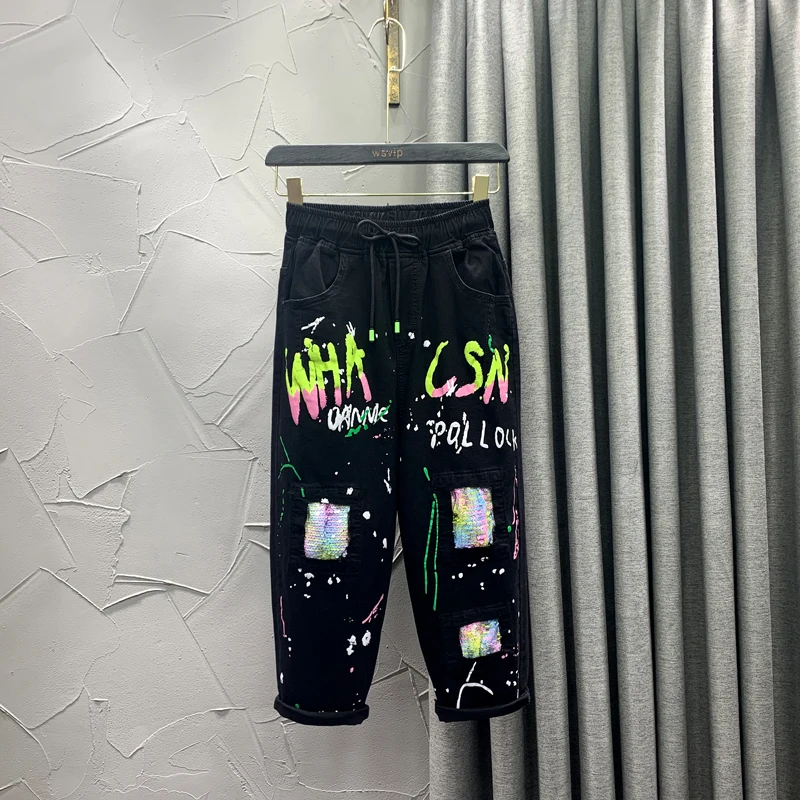 

2021 INS Women Jeans Colorful Sequined Knee Pantalones Mujer Street Trousers Stylish Graffiti Plus Size Denim Harem Pants Woman
