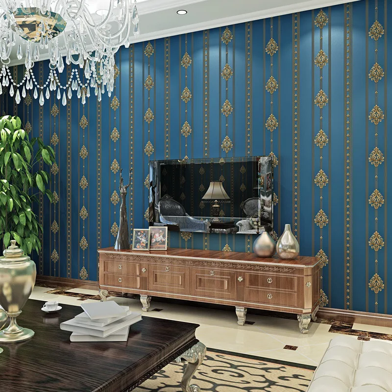 

Simple European 3D Wallpaper Damascus wallpaper bedroom living room hotel vertical bar dark blue non woven wallpaper W143