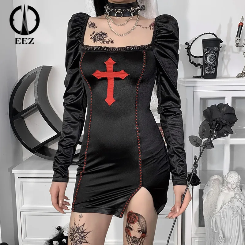 

Black Cross Print Mini Dress Puff Long Sleeve Vintage Sexy Bandage Split Dresses Grunge Cut Out High Waist Party Club Dress Goth