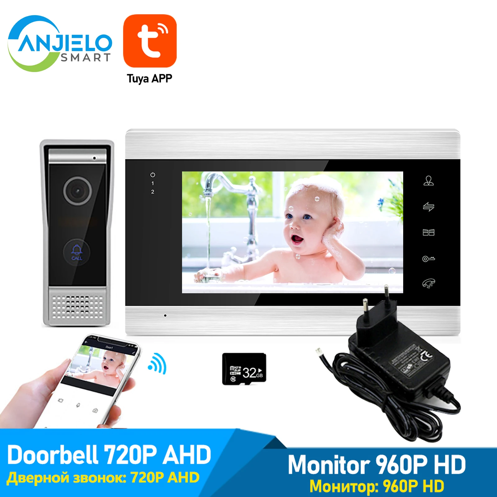 

WiFi Tuya 7" Video Door Phone Intercom System With 720P/AHD Wired Doorbell Camera Remote Unlock Motion Detection Video