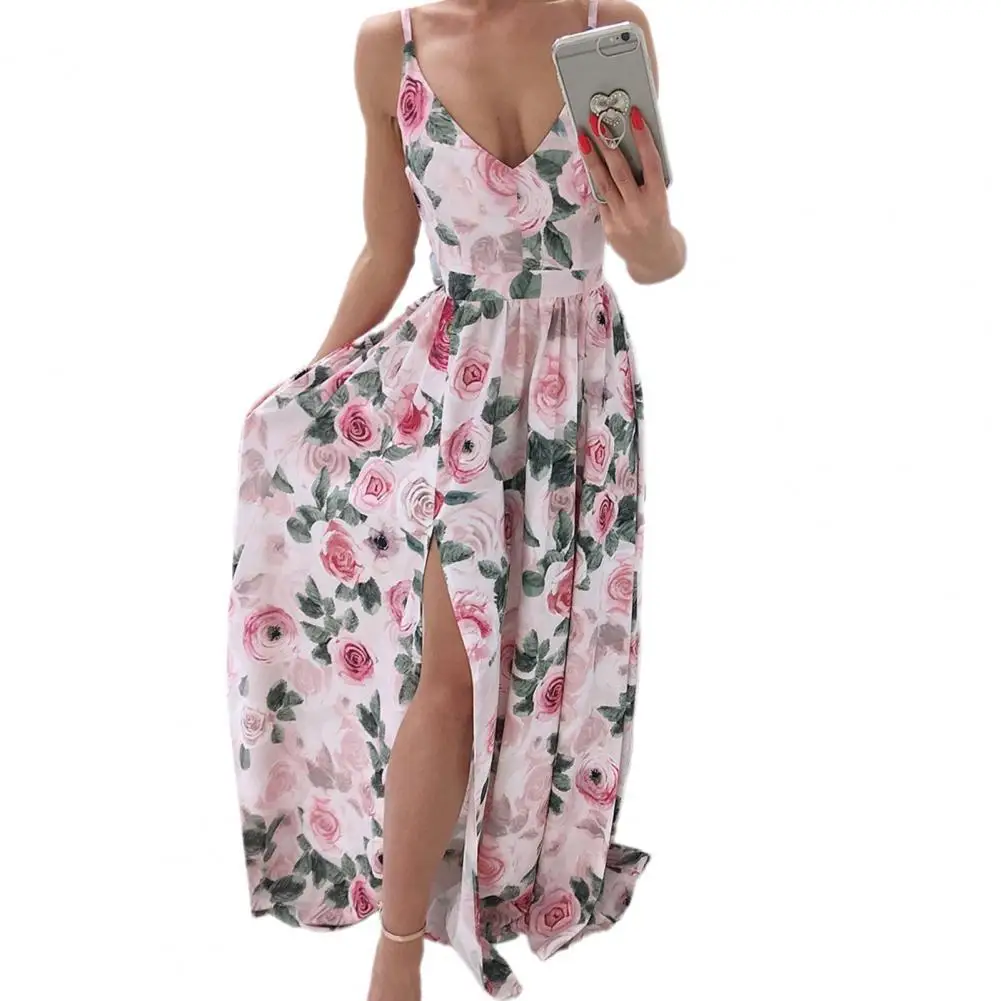 

Женское платье на бретельках, богемное вечернее платье с цветочным принтом, глубоким V-образным вырезом и разрезом на подоле, лето 2021