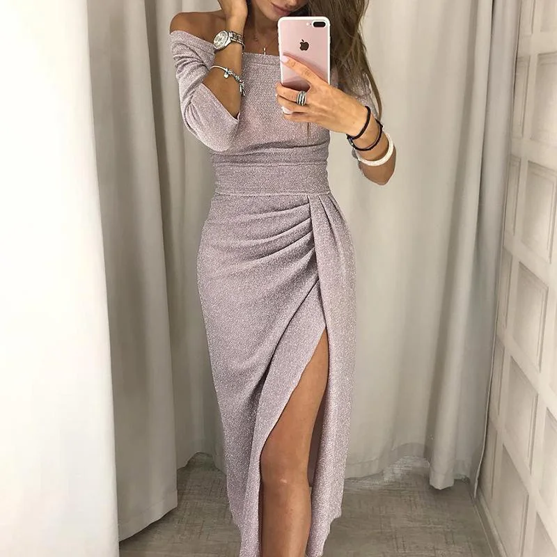 

2021 Woman Sexy Dress Sequin Slim Dresses Women High Waist Plus Size Slit One Neck Club Party Irregular Skirt Summer Clothing