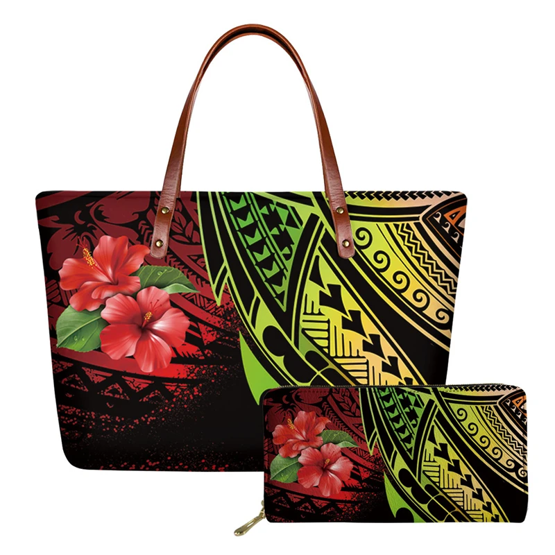 Brand Luxury Women Handbags&Purse 2pcs/Set Lady Top-Handle Bag Polynesian Totem Flower Print Shoulder Bags Wallet Bolsa Feminina