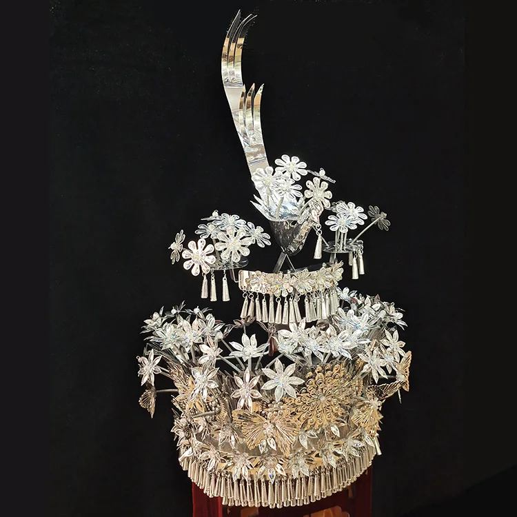 Hmong головной убор ручной работы Miao для сцены цвет СЕРЕБРЯНЫЙ блестки шапка в