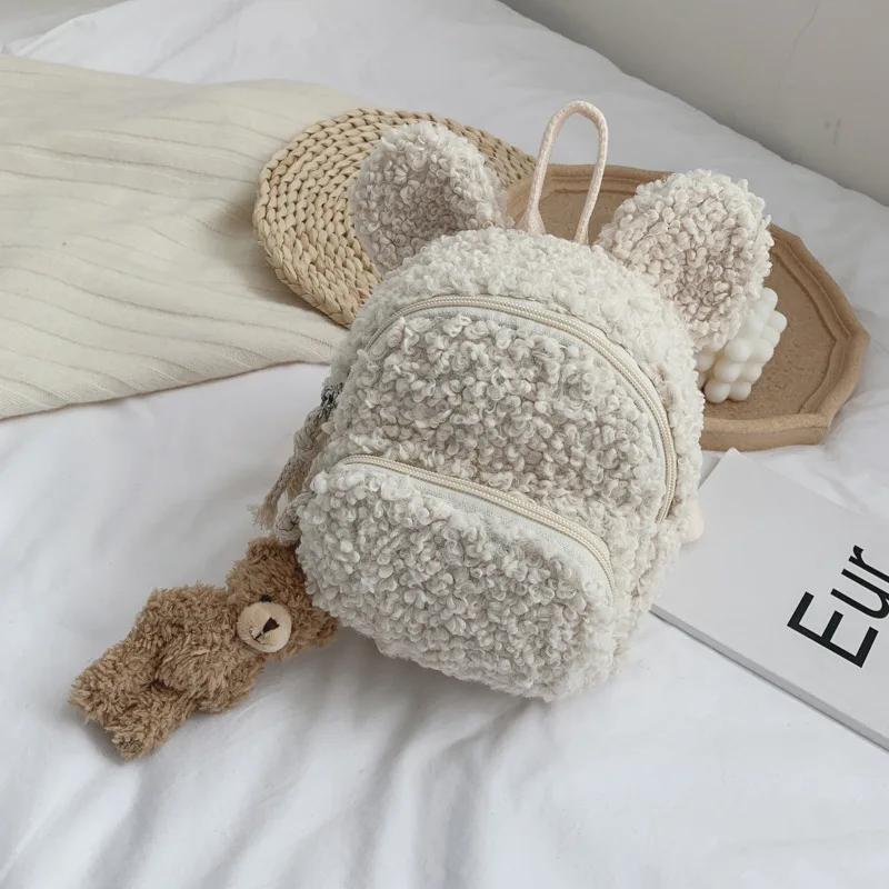 bear-white Kawaii плюшевый рюкзак для мальчиков и девочек с рисунком кролика, медведя, сумки для детей, милые школьные сумки, мягкие рюкзаки для малышей, новые - Цвет: bear-white