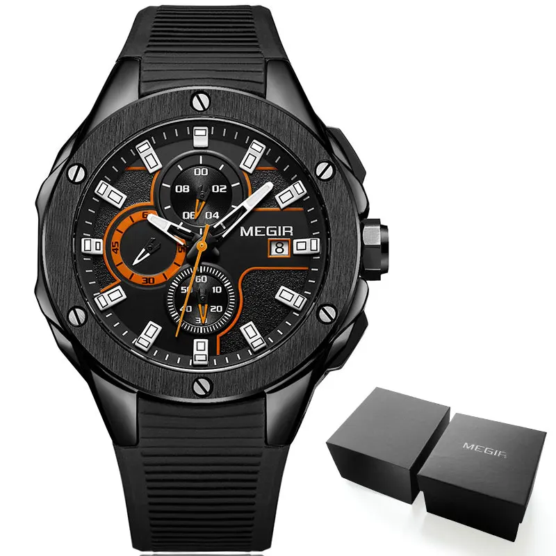 M2053-Black MEGIR, мужские спортивные кварцевые часы с хронографом, силиконовый ремешок, светящиеся водонепроницаемые армейские военные наручные часы, мужские часы, 2053 синий цвет - Цвет: M2053-Black