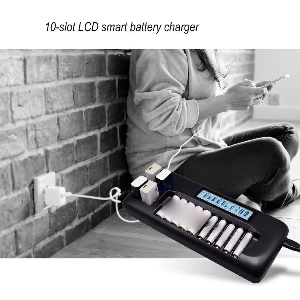 Зарядное устройство с 10-слотным ЖК-дисплеем перезаряжаемое Ni-MH Aa/Aaa/9 В литиевая