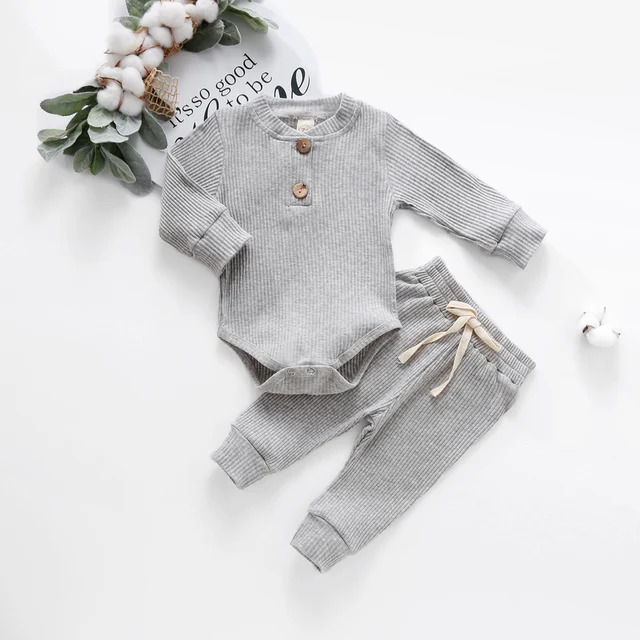 Infant Newborn Baby Girl Boy Spring Autumn Ribbed/Plaid Solid Clothes Sets Long Sleeve Bodysuits + Elastic Pants 2PCs Outfits 3