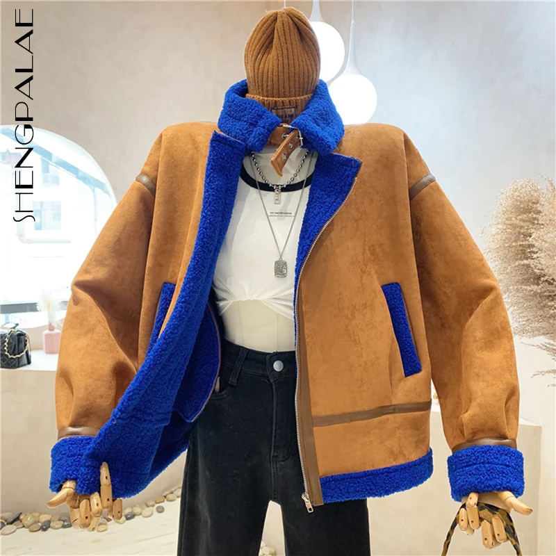 

SHENGPALAE модная уличная Лоскутная куртка женская зимняя 2021 новая свободная куртка на молнии с длинным рукавом из искусственного меха