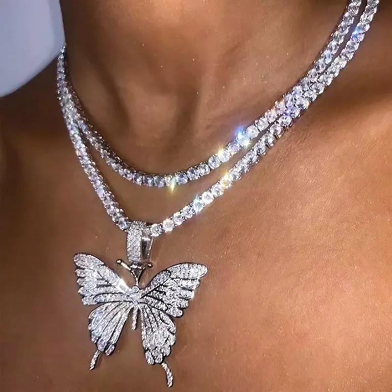 

Shiny Big Butterfly Pendant Necklace Rhinestone Chain For Women Bling Tennis Chain Crystal Choker Necklaces Temperament Jewelry