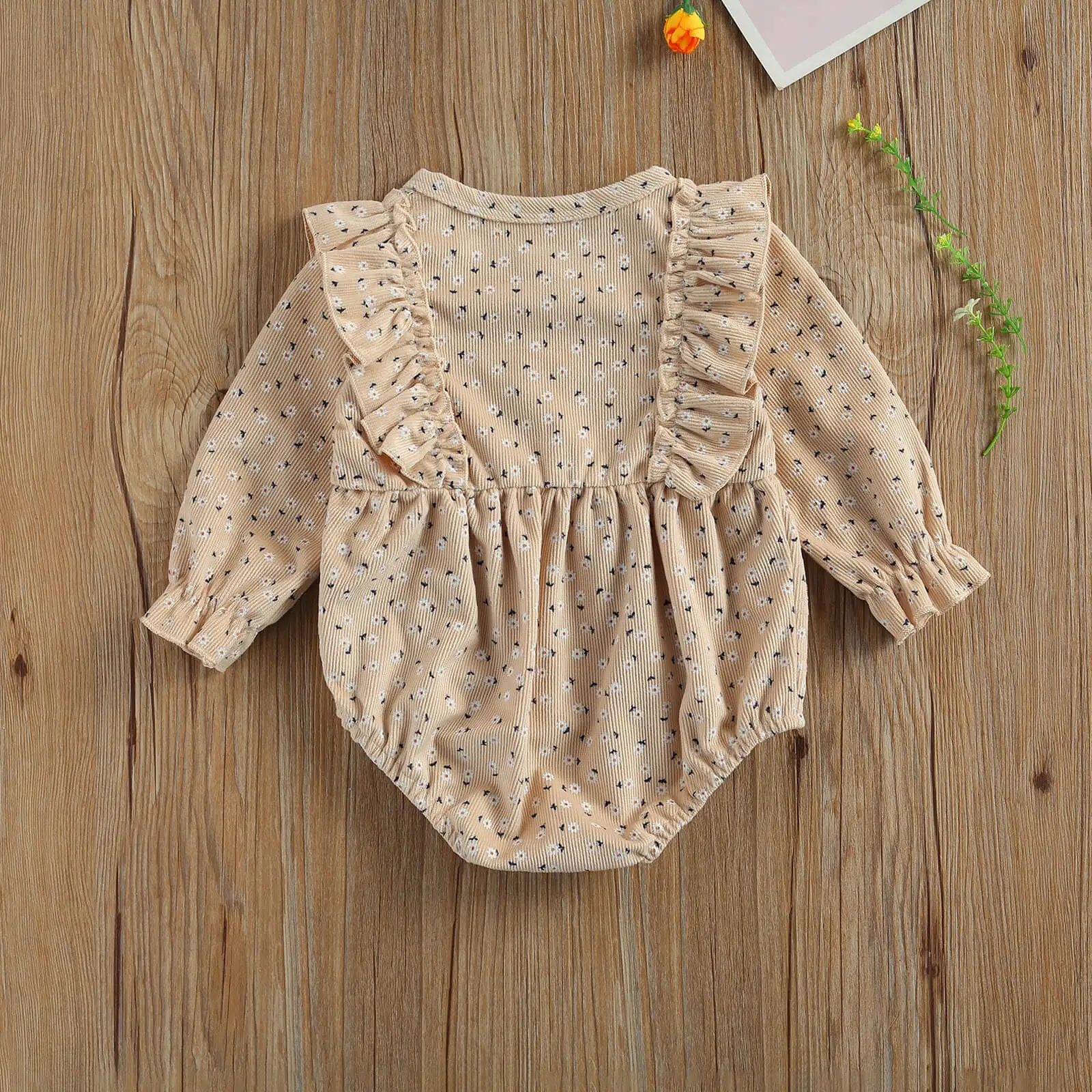 

Pudcoco 0-18M Toddler Baby Girl Spring Corduroy Floral Print Ruffled Single Breasted Long Sleeve Bodysuit Infant Button 4 Colors