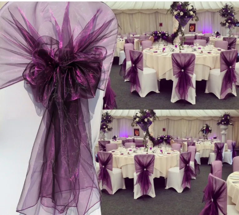 Purple 65x275 см оранжевый органза узел свадебные украшения для стула банкета события украшения для стульев лук стул с завязками ленты пояса синий 25 шт./партия - Цвет: Purple