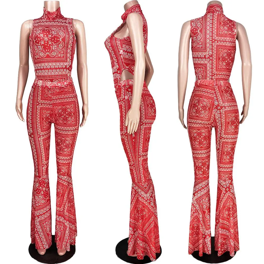 

2020 new fashion printing sexy nightclub two piece set slim high neck sleeveless vest and trousers women's set