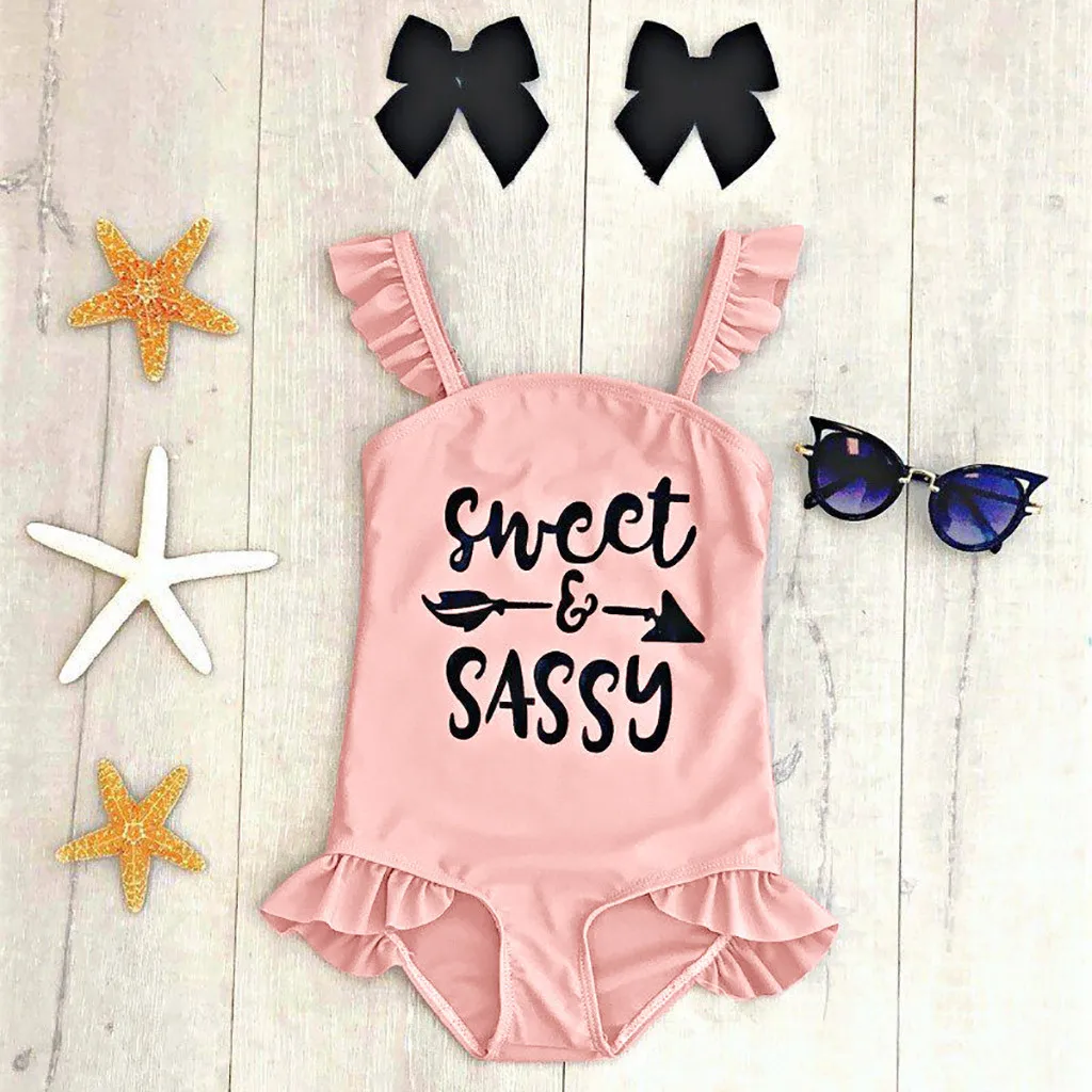 Розовый милый купальник с оборками и надписью бикини для маленьких девочек