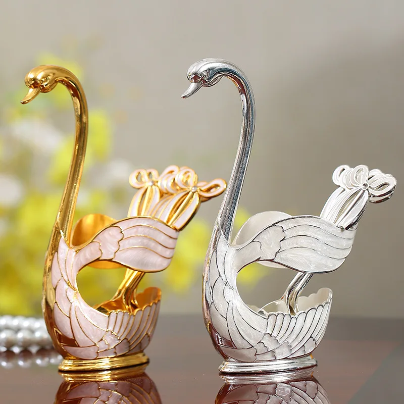 

European Swan Fruit Spoon Fork Storage Holder Cygnus Base With 6pcs Fruit Salad Fork Or Dessert Coffee Spoon Tableware Holder