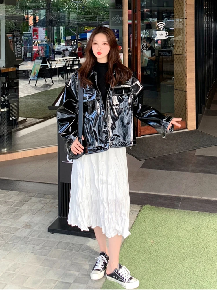 Lautaro Весенняя мягкая лаковая кожаная куртка женская с длинным рукавом Осенняя