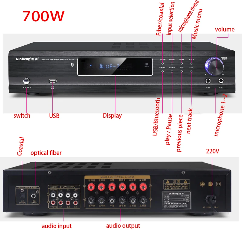 

Kaolanhon 220V 500W/700W Home High Power Bluetooth Amplifier 5.1 Channel Professional Fever Digital KTV Amplifier Karaoke OK