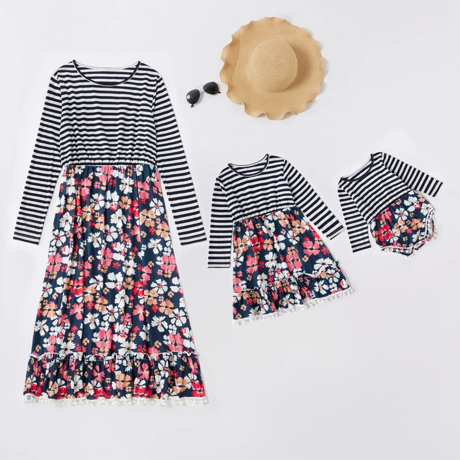 

Parent-Child Matching Outfit Print Striped Long-Sleeve Mother-Daughter Matching Outfit Dress