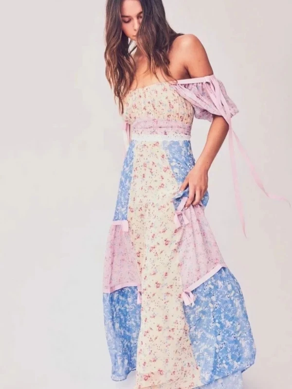 Bohemian Dress Women Color Matching Print Fairy Beach Maxi Dress Short Sleeve French Romantic Floral Holiday Elegant Long Dress