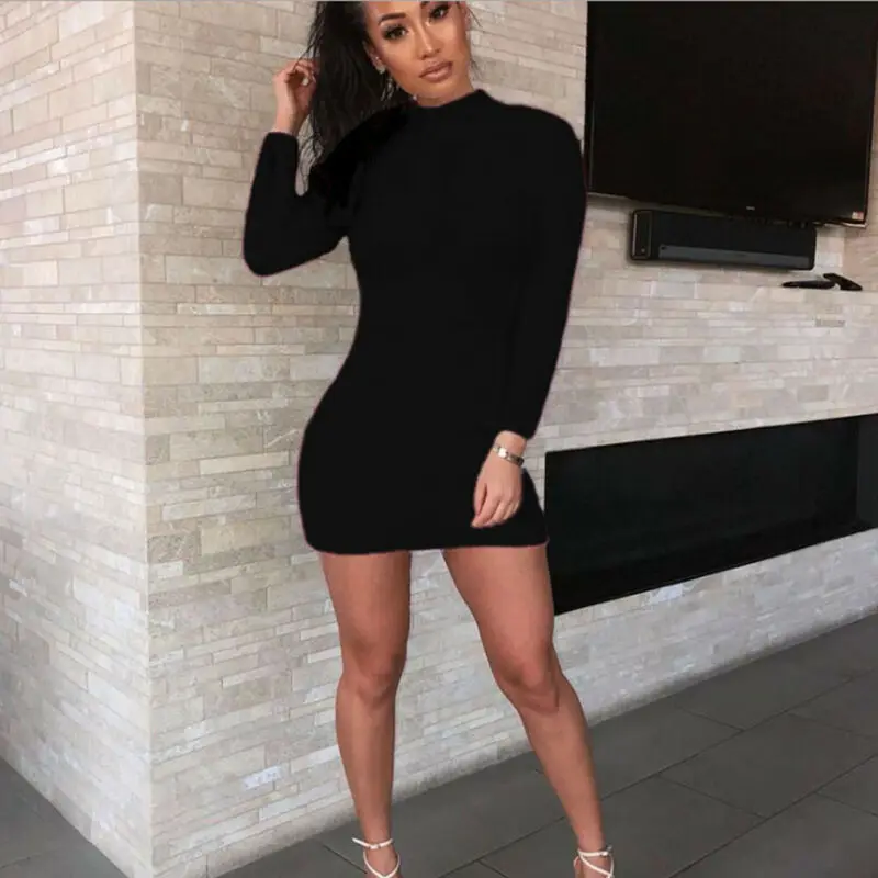 Женское зимнее плюшевое платье водолазка с длинным рукавом однотонное