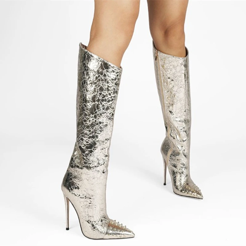 Women Boots Reflective Crack Leather Upper High Heel Boots Fashion Rivets Pointy Toe Plus Size 47