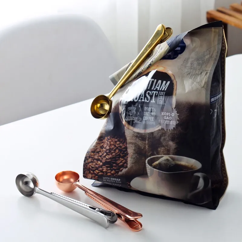 

1PC Multifunction Stainless Steel Food Spoon Milk Tea Ground Coffee Scoops With Bag Clip Sealing Powder Drinkware Tools