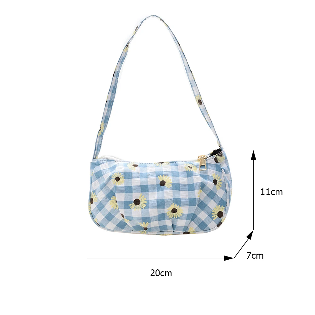 

Women Fashion Canvas Pleated Shoulder Bags Ladies Vintage Small Underarm Bag Zipper Butterfly Plaid Daisy Printing Tote Handbags