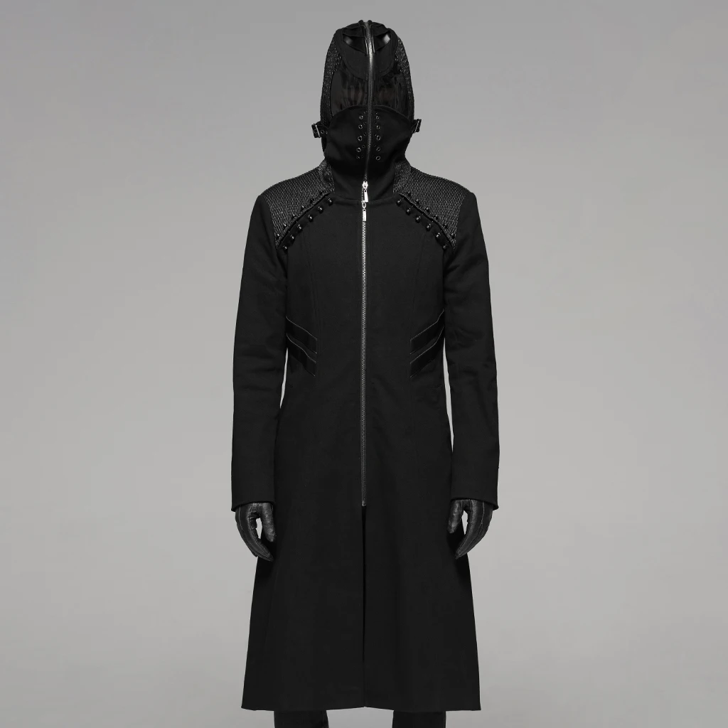 Мужское пальто в стиле Панк RAVE необычное Черное длинное из микроэластичной