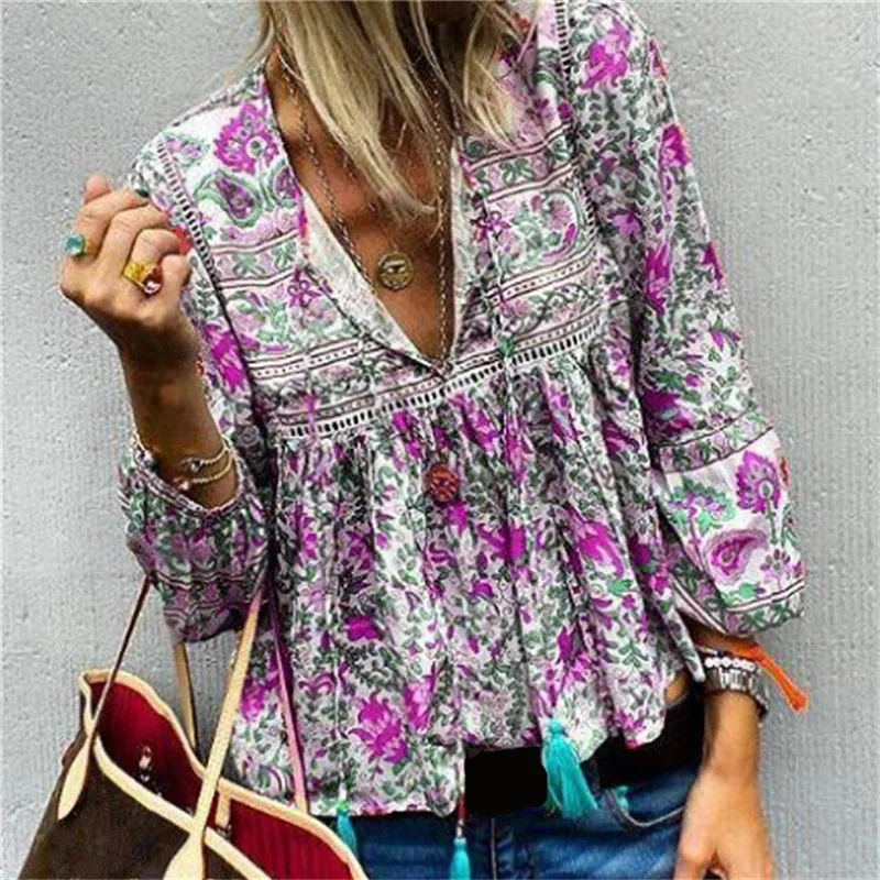 5 цветов длинный рукав v-образный вырез высокая талия РЕТРО ПРИНТ свободная