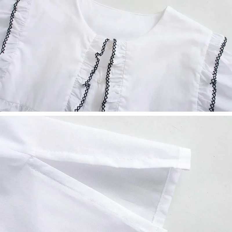 

Fashion Embroidery Cotton blouse 2021 New White Ruffles sleeve Peter pan collar Casual Shirt top Female Streetwear YNZZU 1T004