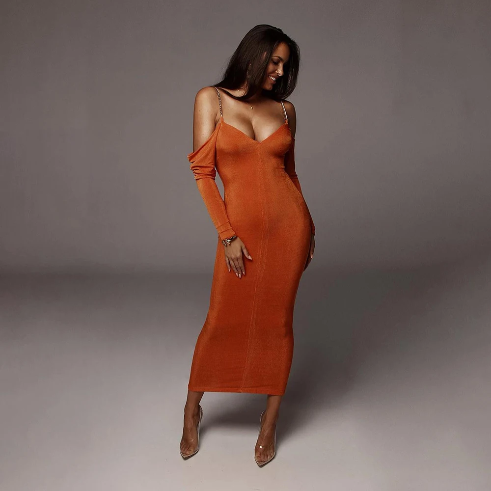 Металлический ремешок цепочка сексуальное облегающее платье длинный рукав с