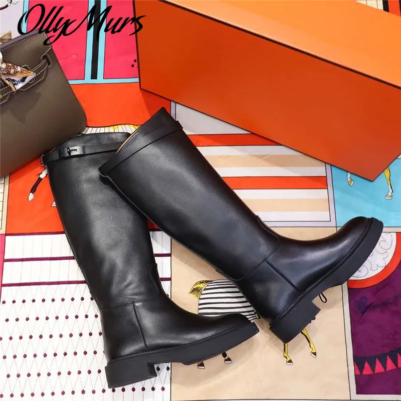

Ollymurs Real Leather boots women Brand Design Long boots Flat Heel shoes women Round Toe boots luxury Designer Runway Shoes