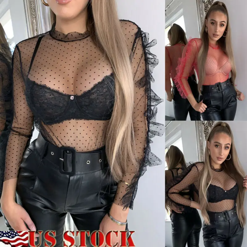 Womens Sheer Mesh See-through Blouse T-Shirt Ladies Polka Dot V-Neck Casual Tops Cover Ups Beachwear | Женская одежда