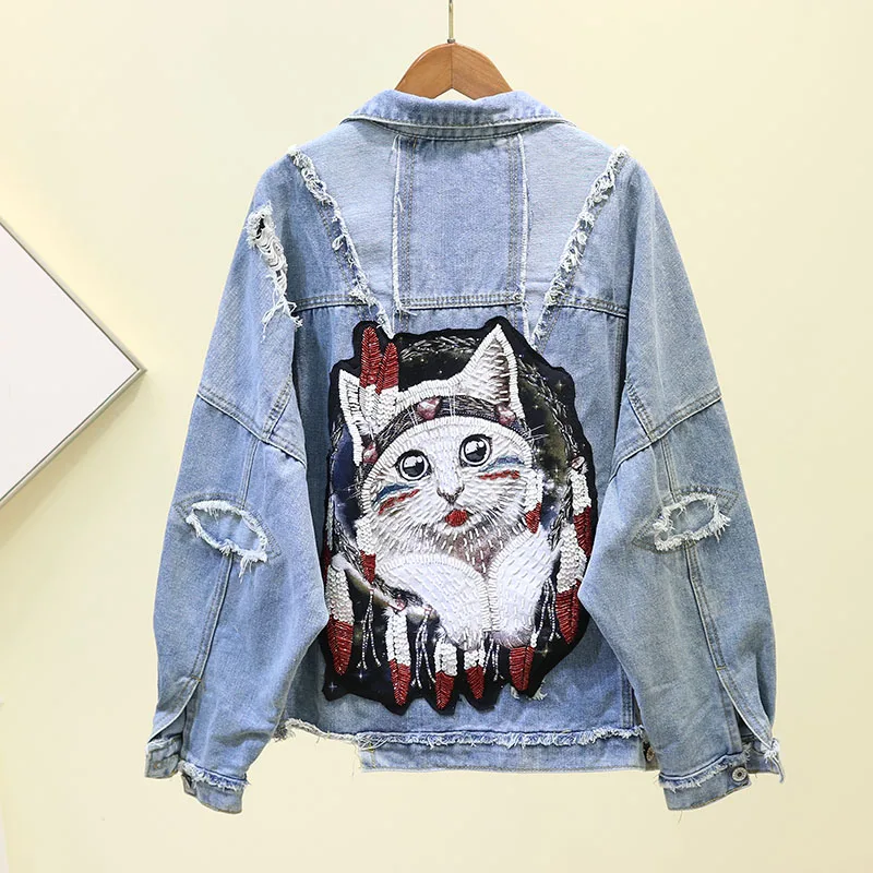 Женская джинсовая куртка с вышивкой демисезонная Свободная из денима