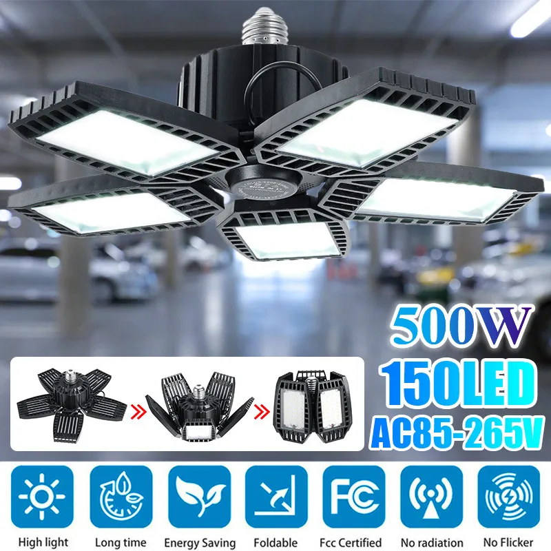 

500W LED Fan Garage Lights E26/27 Bulb 6000-6500K AC85-265V 2835 Led High Bay Lamp Super Bright Industrial Lighting for Workshop