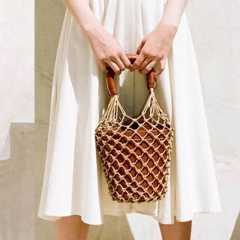 

Fashion Hollow Net Bucket Bag Designer Handbags Luxury Pu Leather Summer Beach Bags Lady Small Tote Travel Female Tote Bali Sac
