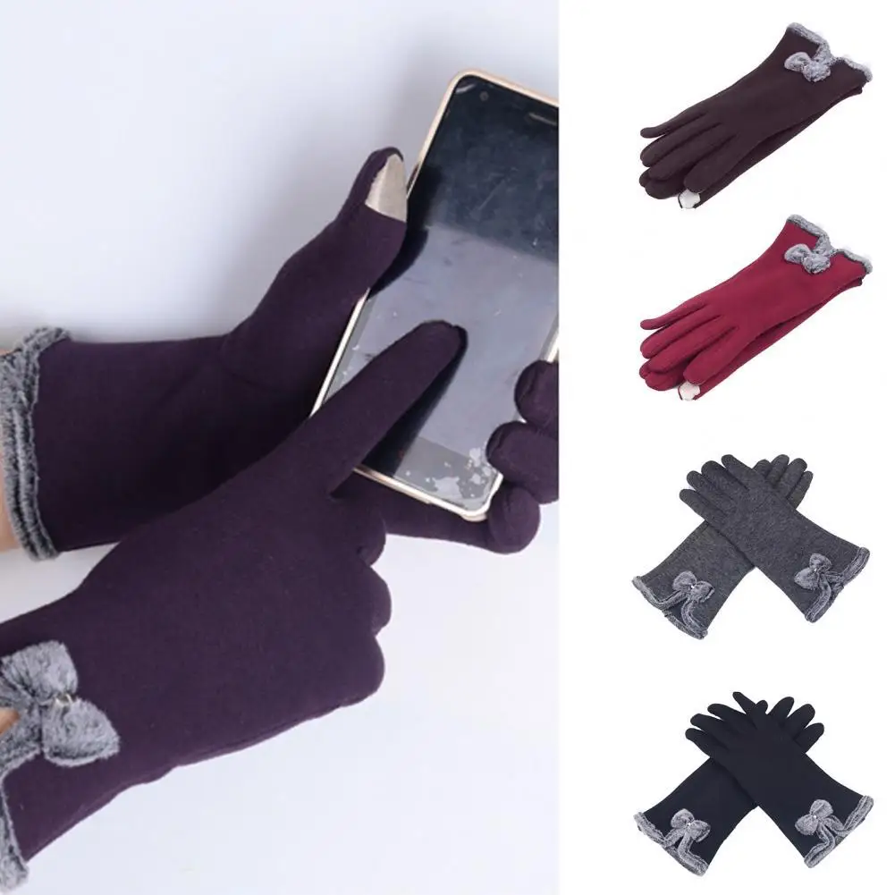 

1 Pair Women Gloves Plush Bow Warm Windproof Autumn Winter Gloves Touch Screen Fitness Full Finger Gloves for Wedding guantes