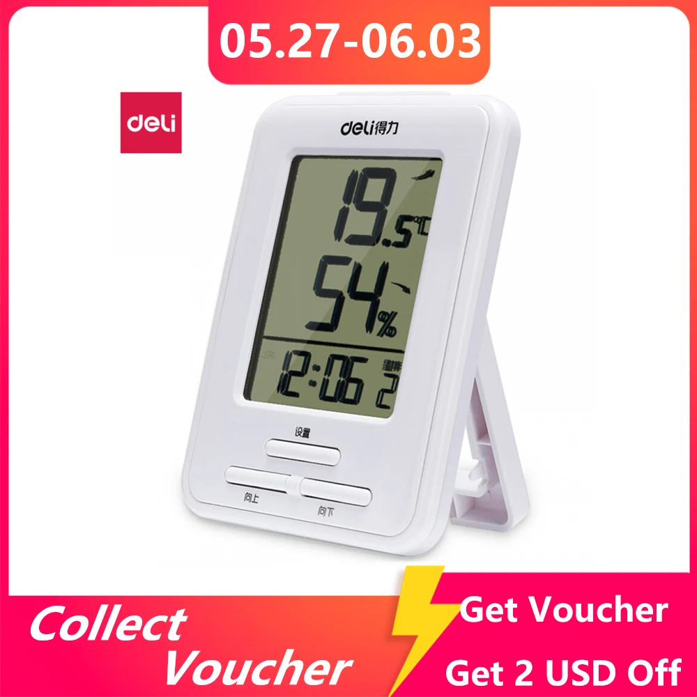 

Deli LCD Digital Temperature Humidity Meter With Clock Remind Home Indoor Electronic Hygrometer Thermometer Weather Station