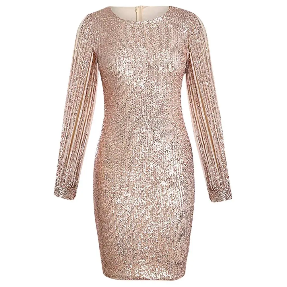 

Sparkling Sequined Dress Women Sexy Solid Sequined Stitching Shining Club Sheath Long Sleeve Mini Dress Evening Party Full Dress