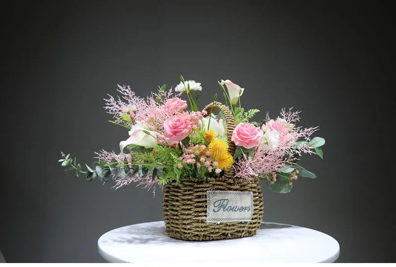 IINDIGO Designed- Pink Rose Flower Basket Flower Arrangement Gift Bouquet Artificial Flower Party Event Free Shipping
